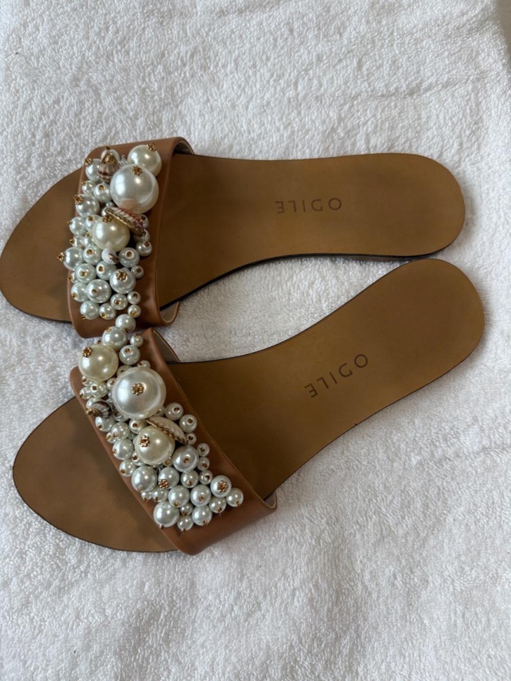 Odille Brown Slide Sandals with Pearl Cluster Embellishments